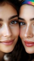 Two young women with brown eyes and natural makeup pose closely together showing friendship and connection in intimate portrait.