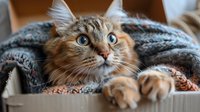 Fluffy brown tabby cat with bright blue eyes wrapped in cozy knitted blanket, looking up with curious expression. Perfect for pet care and comfort themes.