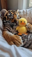 Adorable tiger cub sleeping peacefully with yellow rubber duck toy on cozy bed, showcasing friendship between wild animal and bath toy in comfortable home setting.
