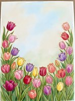 Watercolor tulip garden border with colorful blooms in pink, purple, red and yellow framing a soft sky background for cards and prints.