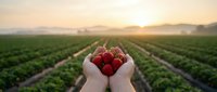 Fresh ripe strawberries cupped in hands at sunrise over agricultural field rows. Organic farming harvest concept for healthy eating and sustainable agriculture.
