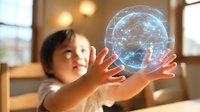 Young Asian boy holding glowing digital brain hologram with neural networks, representing artificial intelligence, learning technology and future education concepts.