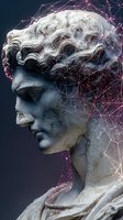Ancient marble statue head with digital network overlay representing artificial intelligence and neural connections in technology.