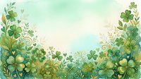 Watercolor St. Patrick's Day background with green shamrocks, clovers, and golden floral swirls on a soft mint backdrop, perfect for festive designs.