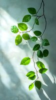 Fresh green leaves on climbing branch cast soft shadows on light wall, sunlight streaming through foliage creates natural minimalist composition.