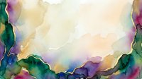 Watercolor abstract landscape with vibrant green, purple, and golden yellow flowing washes creating a dreamy sky and terrain border design.