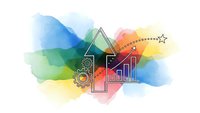 Abstract watercolor background with business icons including house, growth chart, gear and star symbols for corporate presentations and marketing materials.
