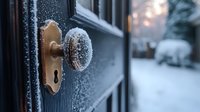 Vintage brass door handle and keyhole covered in frost and snow crystals on dark wooden door, winter morning atmosphere with blurred snowy background creates cozy mood.