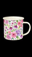 Enamel camping mug with vibrant floral pattern featuring pink roses, purple coneflowers, and hydrangeas on cream background, isolated on transparent background ready for merchandise design, sublimation, and print-on-demand products.