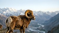 Majestic bighorn sheep ram with curved horns standing on mountain ridge overlooking alpine valley with snow-capped peaks in golden hour light.