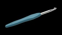 Crochet hook with teal ergonomic handle and silver metal tip, isolated on transparent background, ready for crafting clipart, stickers, t-shirt design, and print on demand use.