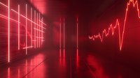 Dramatic red financial chart visualization with glowing lines and market data reflected on glossy floor in dark space, showing volatile trading pattern and market analysis.