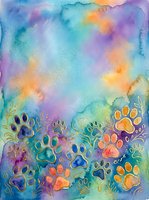 Watercolor painting featuring vibrant rainbow gradient background with colorful paw prints in foreground. Soft blended colors transition from blue and purple to orange and yellow. Ideal for pet-related designs, animal lovers, greeting cards, and creative projects.