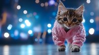 Adorable kitten wearing pink knitted winter sweater against blurred bokeh lights background, creating magical holiday atmosphere and cozy festive mood.