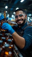 Smiling Hispanic male laboratory technician in safety glasses and blue gloves holding amber glass bottle in modern industrial facility for quality control testing.