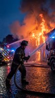 Firefighter battling intense house fire with water hose during emergency response operation with fire trucks and dramatic flames lighting night sky.