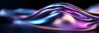 Smooth flowing metallic liquid surface with vibrant purple and blue neon reflections creating abstract wave pattern against dark background. Modern design element.