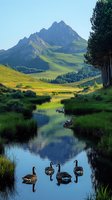 Tranquil mountain lake scene with wild geese silhouettes swimming in calm water reflecting majestic peaks, green meadows and pine forest at sunrise.