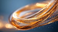 Flowing golden liquid with glittering particles creates abstract wave pattern against dark background, macro photography capturing luminous motion and sparkle effect.