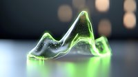 Glowing neon green mountain silhouette with misty effect against dark background, creating modern minimalist art with luminous edges and reflective surface.