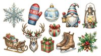 Festive holiday ornaments, decorations and winter icons including snowflake, mitten, baubles, gnome, lantern, reindeer, sleigh, gift box, ice skate and holly garland for seasonal designs.
