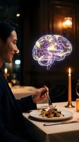 Asian woman dining with glowing brain hologram representing mindful eating, nutrition science and cognitive health benefits of food choices in restaurant setting.