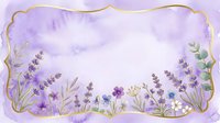Lavender flowers and botanical elements frame a soft watercolor background with gold border, suitable for wedding invitations, greeting cards, and decorative design projects.