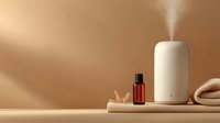 Aromatherapy essential oil diffuser with steam on wooden tray creating relaxing spa atmosphere for wellness and home fragrance therapy.
