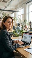 Middle-aged woman, Caucasian ethnicity, business professional working at wooden desk with laptop in modern office environment with glass partitions and plants.
