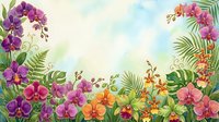 Watercolor tropical floral border with vibrant orchids, ferns, and exotic leaves framing a soft sky background, perfect for cards and invitations.