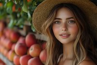 Young Caucasian woman in straw hat smiling at farmers market with fresh red apples in background, natural summer lighting and warm tones create welcoming atmosphere.