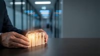 Businessman protecting wooden blocks in server room, representing data security, risk management, and business continuity planning.