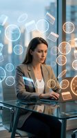 Businesswoman working at glass desk with digital clock and calendar icons floating around her in modern office with city skyline view, representing time management and productivity.