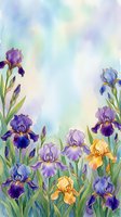 Watercolor iris flowers in purple, blue, and yellow blooms with green stems arranged on soft pastel background, suitable for spring designs, greeting cards, and botanical artwork.