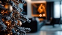 Cryptocurrency bitcoin ornament hanging on snowy Christmas tree with warm bokeh lights and cozy interior background, modern holiday celebration.