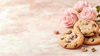 Fresh baked chocolate chip cookies with pink roses on pink textured background, selective focus with copy space for bakery and confectionery design.
