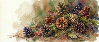 Autumn pine cones and dried leaves arrangement with watercolor background for seasonal decorating, crafts, and holiday design projects.