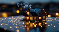 Glowing miniature house with smart home icons floating above, surrounded by magical bokeh lights creating dreamy atmosphere on dark background.