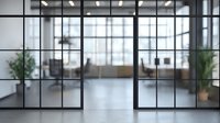 Modern office interior with glass partition walls and sliding doors, featuring minimalist design, natural light, and potted plants for contemporary workspace atmosphere.