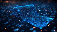 Glowing digital scroll with circuit pattern floating over dark tech surface with blue light effects and bokeh. Futuristic data visualization concept.