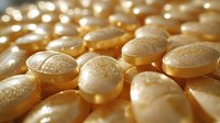 Golden pharmaceutical pills in macro view with textured surface and soft lighting, showing medicinal tablets arranged in rows for healthcare and medical concept.