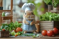Cute bunny chef in white hat and blue striped apron standing among fresh vegetables and herbs in rustic kitchen setting with wooden crates and wicker baskets.