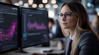 Young blonde businesswoman with glasses analyzing data visualization on computer screens in modern office environment with bokeh lights background.