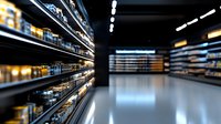 Modern supermarket aisle with refrigerated shelves filled with products, illuminated by bright lights reflecting on polished floor, creating depth perspective.