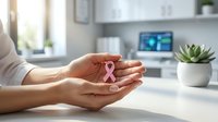 Female hands gently holding pink breast cancer awareness ribbon in bright modern kitchen setting for healthcare campaigns and medical support.