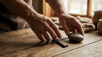 Skilled craftsman hands using traditional woodworking plane on wooden plank in workshop with warm natural lighting for carpentry and handmade furniture projects.