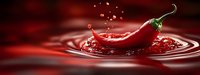 Red chili pepper splashing into liquid creating dynamic ripples and droplets against crimson background for culinary and spice concepts.