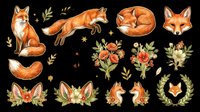Watercolor fox clipart set with floral elements, isolated on transparent background. Great for stickers, t-shirt design, print on demand, and sublimation projects.