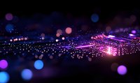 Abstract digital wave with glowing particles and bokeh lights in purple and blue colors creating futuristic technology landscape against dark background.