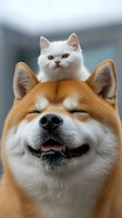 White Persian cat sitting on top of smiling Shiba Inu dog's head creating amusing animal friendship moment. Playful pets portrait showing joyful expression.